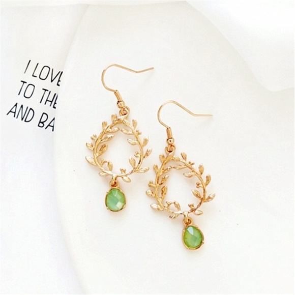 Gold Leaf Dangle Earrings with Rhinestone Accent - Picture 1 of 1